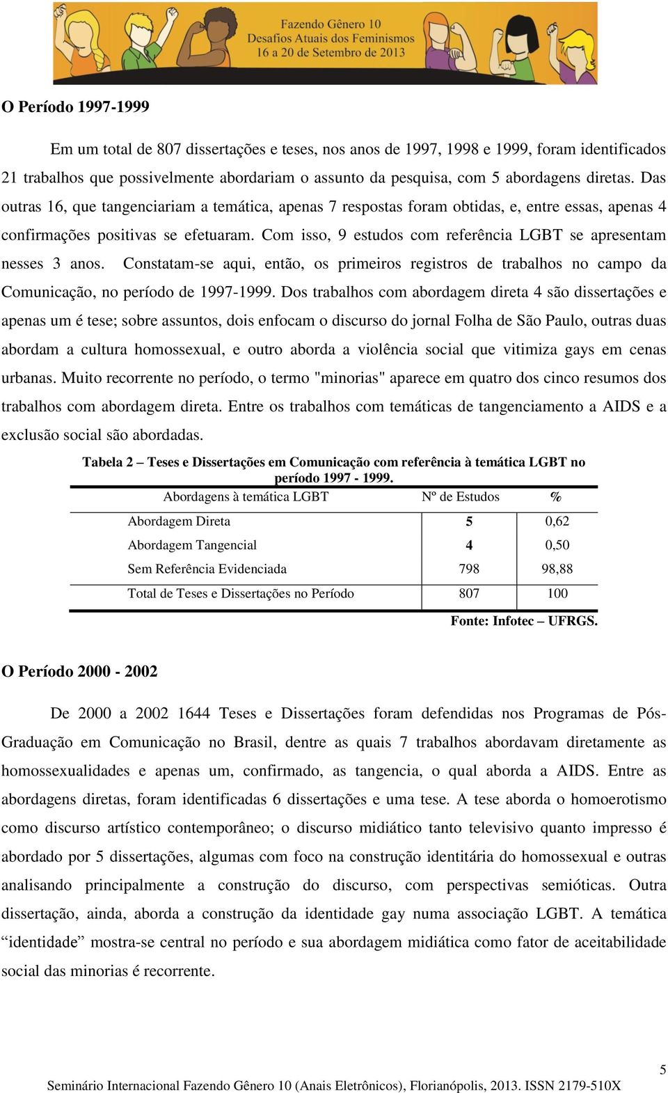 Com isso, 9 estudos com referência LGBT se apresentam nesses 3 anos. Constatam-se aqui, então, os primeiros registros de trabalhos no campo da Comunicação, no período de 1997-1999.