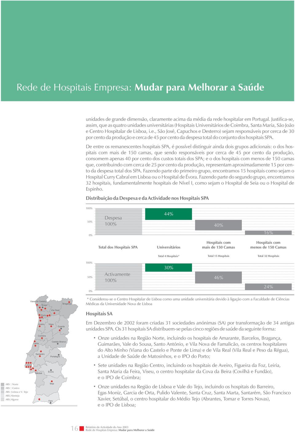 De entre os remanescentes hospitais SPA, é possível distinguir ainda dois grupos adicionais: o dos hospitais com mais de 150 camas, que sendo responsáveis por cerca de 45 por cento da produção,