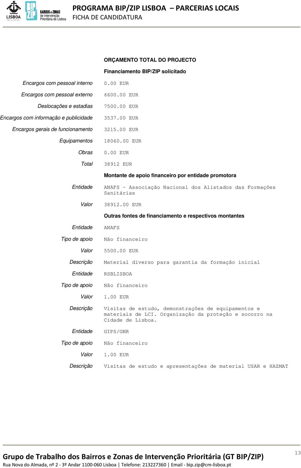 00 EUR 38912 EUR Montante de apoio financeiro por entidade promotora Entidade ANAFS - Associação Nacional dos Alistados das Formações Sanitárias 38912.