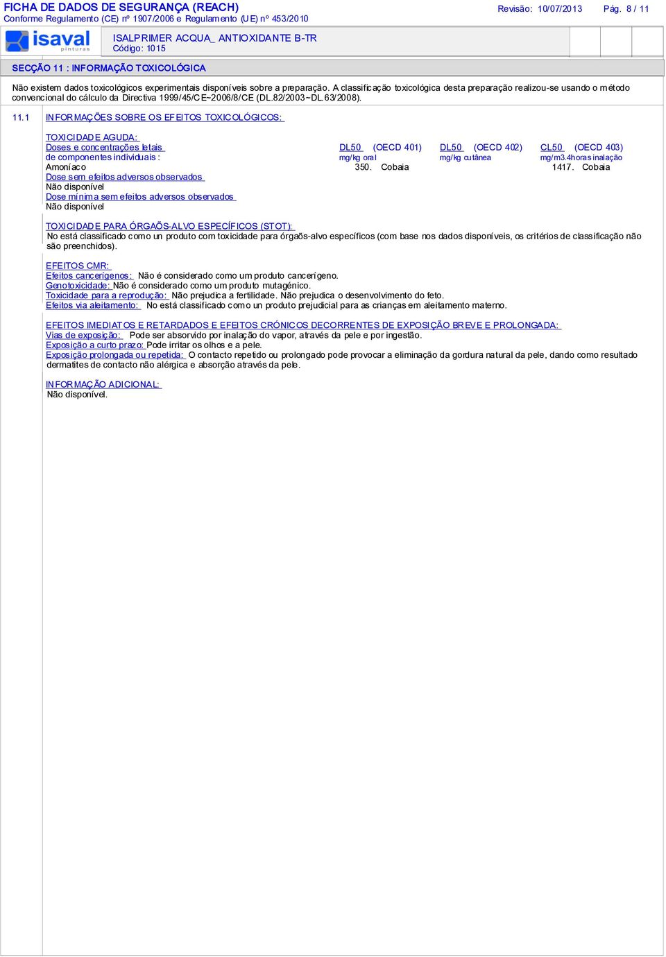 1 INFORMAÇÕES SOBRE OS EFEITOS TOXICOLÓGICOS: TOXICIDADE AGUDA: Doses e concentrações letais de componentes individuais : Amoníaco 350. Cobaia 1417.