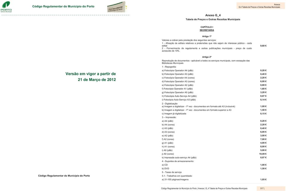 Código Regulamentar do Município do Porto Versão em vigor a partir de 21 de Março de 2012 Artigo 2º Reprodução de documentos - aplicável a todos os serviços municipais, com excepção das Bibliotecas