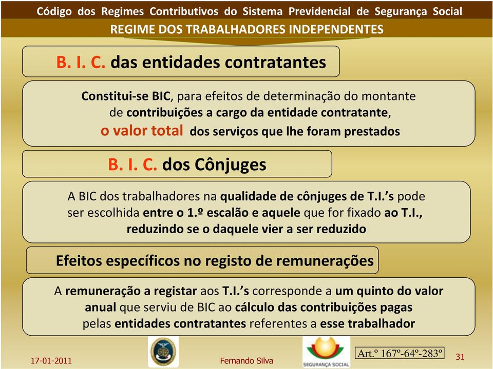 prestados B. I. C. dos Cônjuges A BIC dos trabalhadores na qualidade de cônjuges de T.I. s pode ser escolhidaentre o 1.ºescalão e aquele que for fixadoao T.I., reduzindo se o daquele vier a ser reduzido Efeitos específicos no registo de remunerações A remuneração a registar aos T.