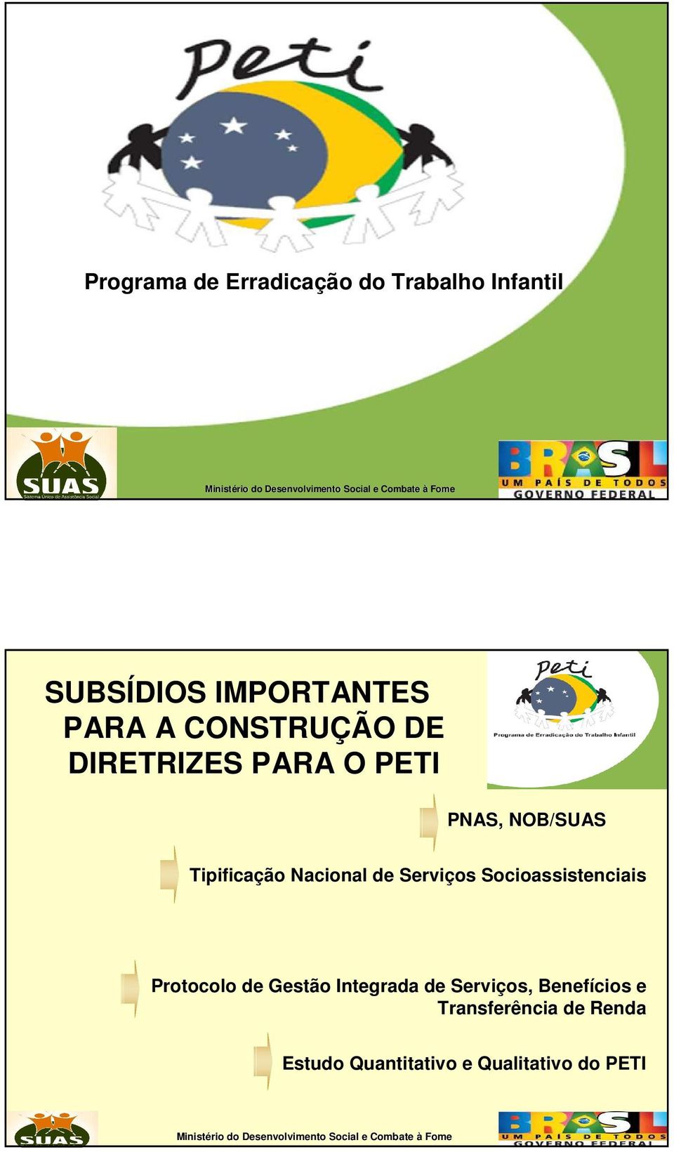 PETI PNAS, NOB/SUAS Tipificação Nacional de Serviços Socioassistenciais Protocolo de Gestão