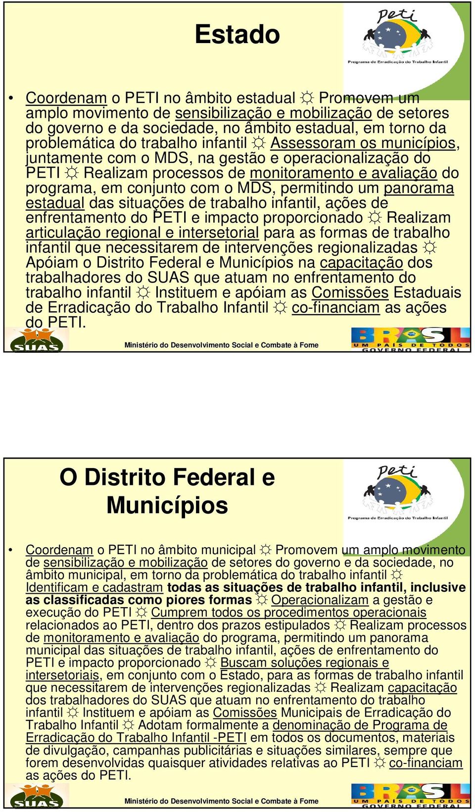 panorama estadual das situações de trabalho infantil, ações de enfrentamento do PETI e impacto proporcionado Realizam articulação regional e intersetorial para as formas de trabalho infantil que