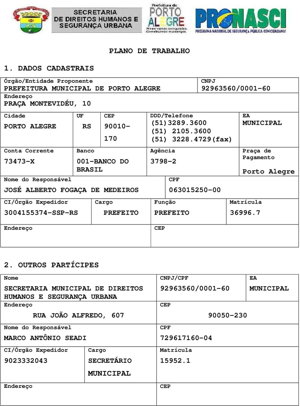 001-BANCO DO BRASIL JOSÉ ALBERTO FOGAÇA DE MEDEIROS CI/Órgão Expedidor 3004155374-SSP-RS Cargo PREFEITO DDD/Telefone (51)3289.3600 (51) 2105.3600 (51) 3228.