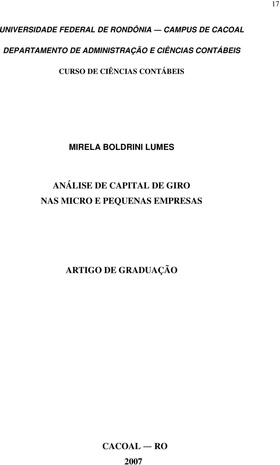 CIÊNCIAS CONTÁBEIS MIRELA BOLDRINI LUMES ANÁLISE DE CAPITAL