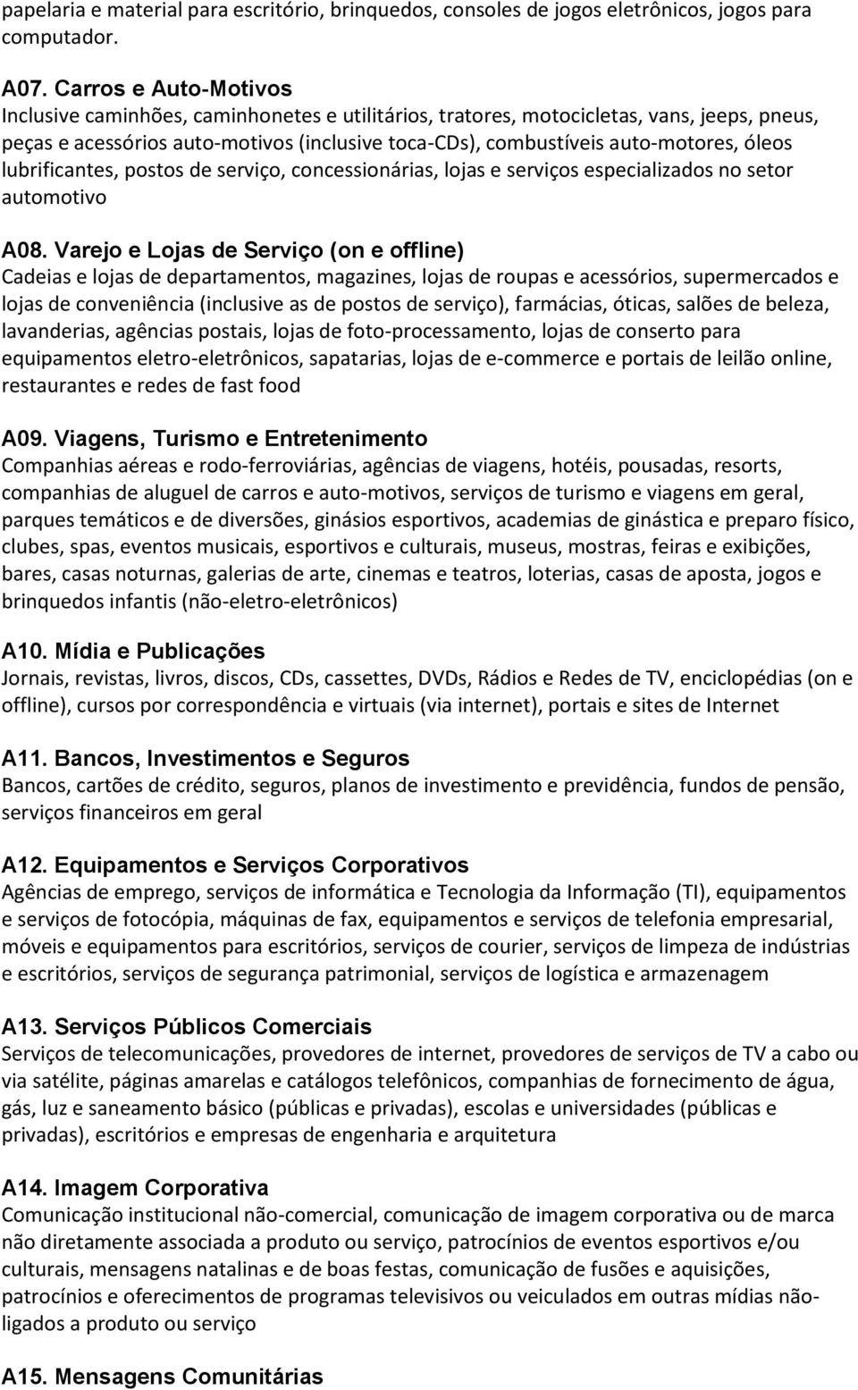 óleos lubrificantes, postos de serviço, concessionárias, lojas e serviços especializados no setor automotivo A08.