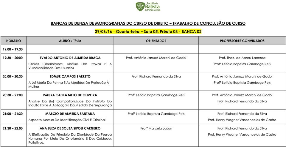 Medida De Segurança 21:00 21:30 MÁRCIO DE ALMEIDA SANTANA Aspecto Acesso De Identificação Civil E Criminal 21:30 22:00 ANA LUIZA DE SOUZA SIPOLI CARNEIRO A Efetivação Do Princípio Da Dignidade Da