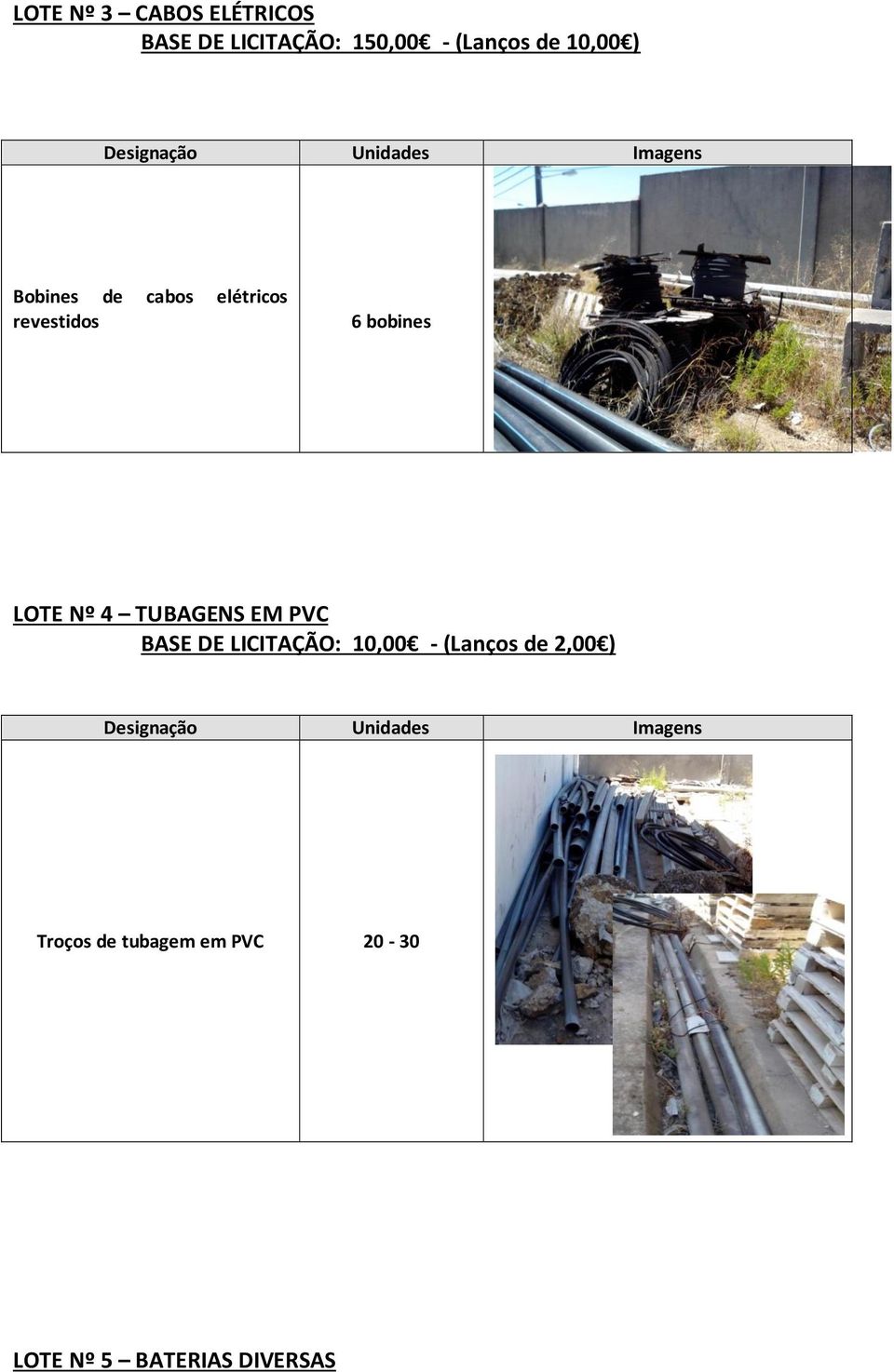 LOTE Nº 4 TUBAGENS EM PVC BASE DE LICITAÇÃO: 10,00 - (Lanços de 2,00 )