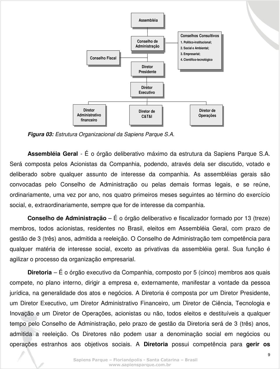 Científico-tecnológico Diretor Executivo Diretor Administrativo financeiro Diretor de C&T&I Diretor de Operações Figura 03: Estrutura Organizacional da Sapiens Parque S.A. Assembléia Geral - É o órgão deliberativo máximo da estrutura da Sapiens Parque S.