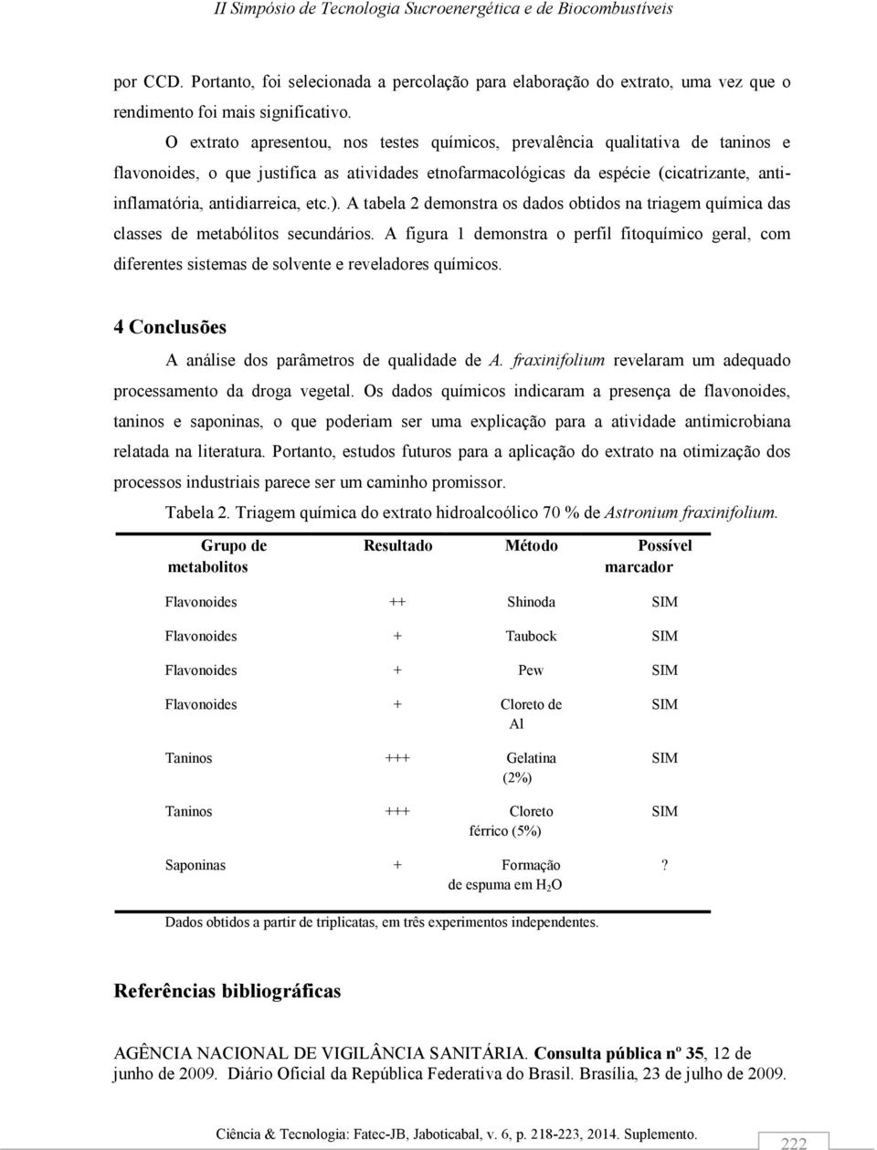 antidiarreica, etc.). A tabela 2 demonstra os dados obtidos na triagem química das classes de metabólitos secundários.