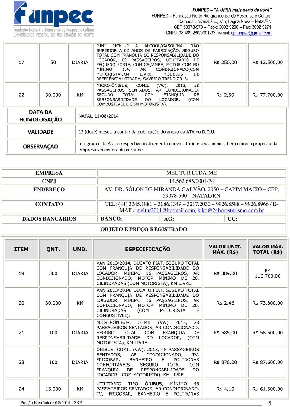 MICRO-ÔNIBUS, COMIL (VW), 2013, 28 PASSAGEIROS SENTADOS, AR CONDICIONADO, RESPONSABILIDADE DO LOCADOR, (COM COMBUSTÍVEL E COM MOTORISTA). NATAL, 11/08/2014 R$ 250,00 R$ 12.500,00 R$ 2,59 R$ 77.