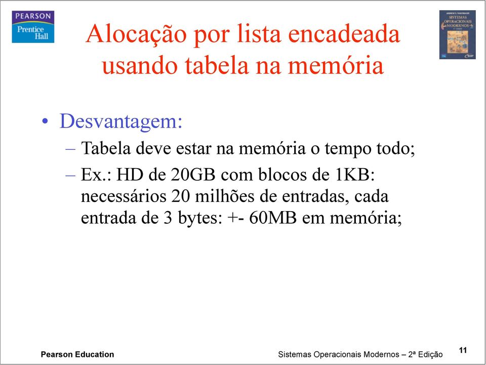 Ex.: HD de 20GB com blocos de 1KB: necessários 20