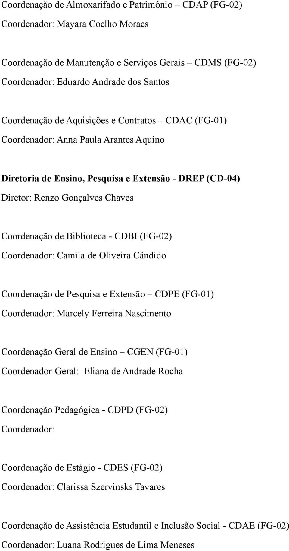 (FG-02) Coordenador: Camila de Oliveira Cândido Coordenação de Pesquisa e Extensão CDPE (FG-01) Coordenador: Marcely Ferreira Nascimento Coordenação Geral de Ensino CGEN (FG-01) Coordenador-Geral: