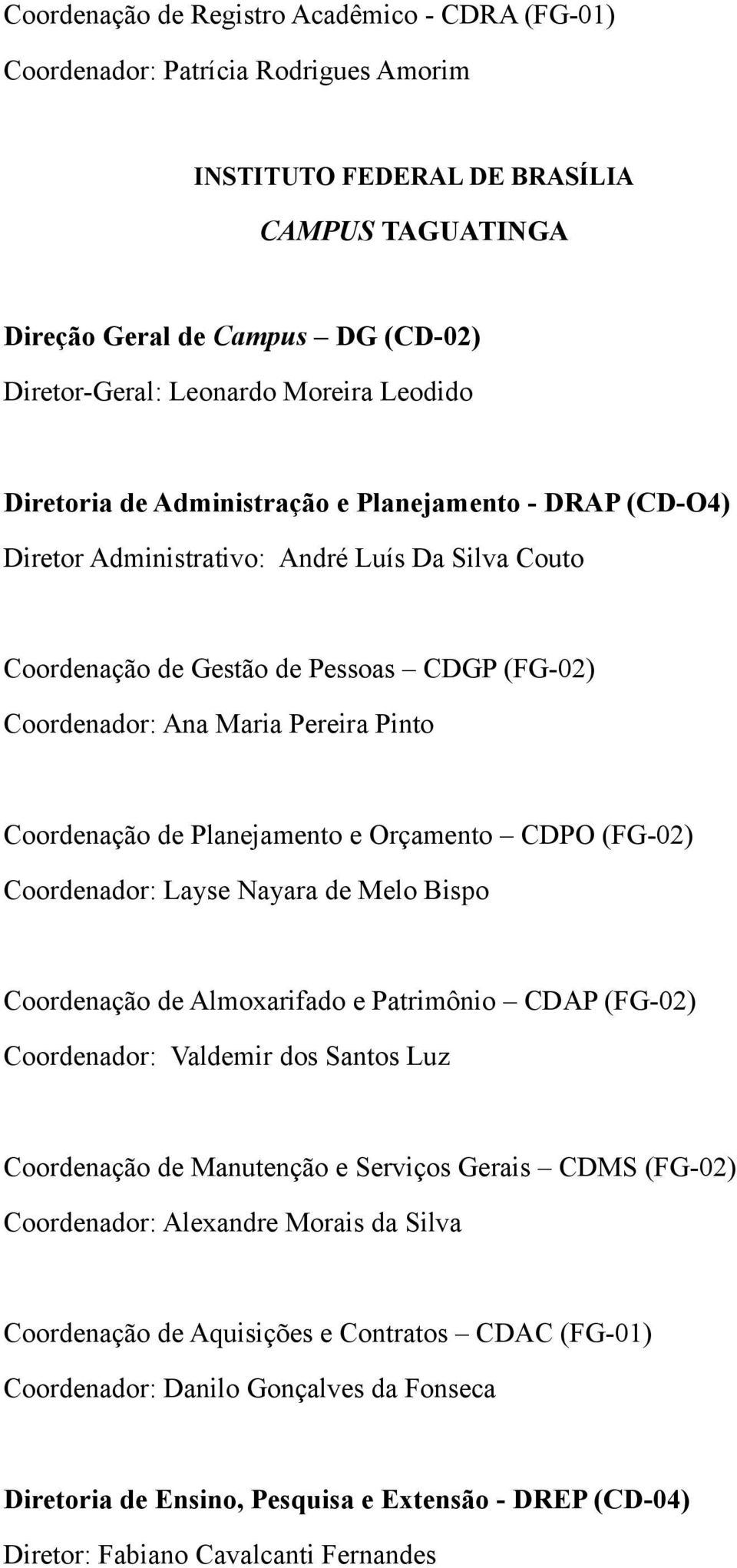 Pinto Coordenação de Planejamento e Orçamento CDPO (FG-02) Coordenador: Layse Nayara de Melo Bispo Coordenação de Almoxarifado e Patrimônio CDAP (FG-02) Coordenador: Valdemir dos Santos Luz