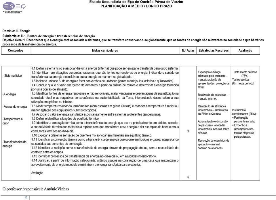 energia. Metas curriculares N.º Aulas Estratégias/Recursos - Sistema físico -A energia -Fontes de energia -Temperatura e calor. -Transferências de energia 1.