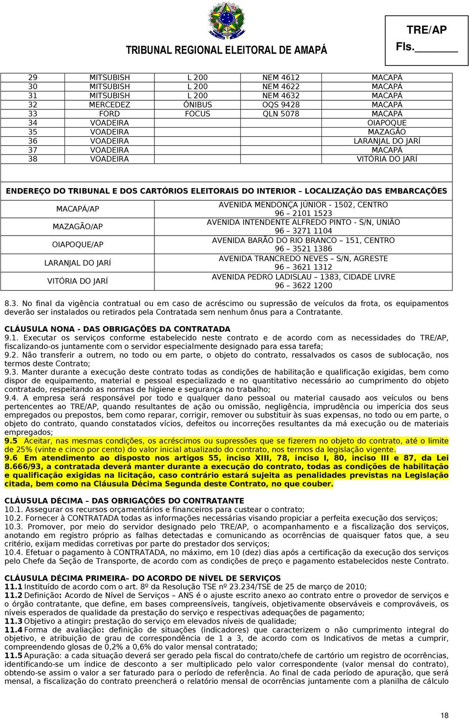 MAZAGÃO/AP OIAPOQUE/AP LARANJAL DO JARÍ VITÓRIA DO JARÍ AVENIDA MENDONÇA JÚNIOR - 1502, CENTRO 96 2101 1523 AVENIDA INTENDENTE ALFREDO PINTO - S/N, UNIÃO 96 3271 1104 AVENIDA BARÃO DO RIO BRANCO 151,