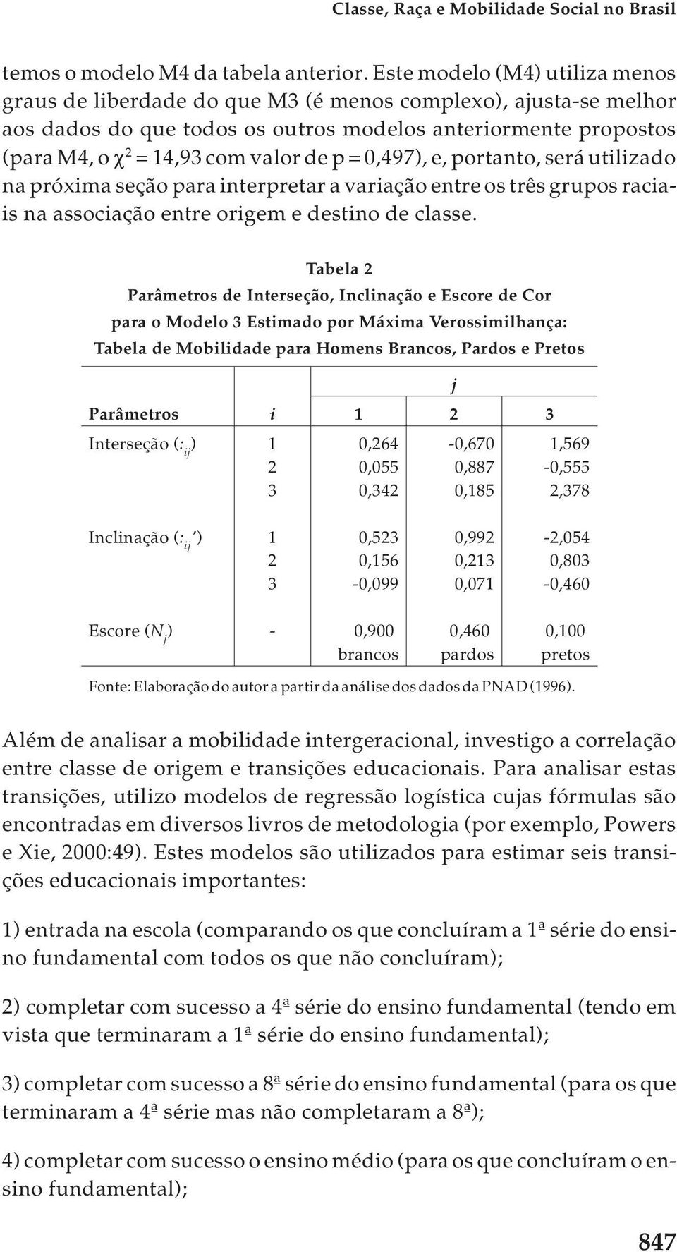 = 0,497), e, portanto, será utilizado na próxima seção para interpretar a variação entre os três grupos raciais na associação entre origem e destino de classe.