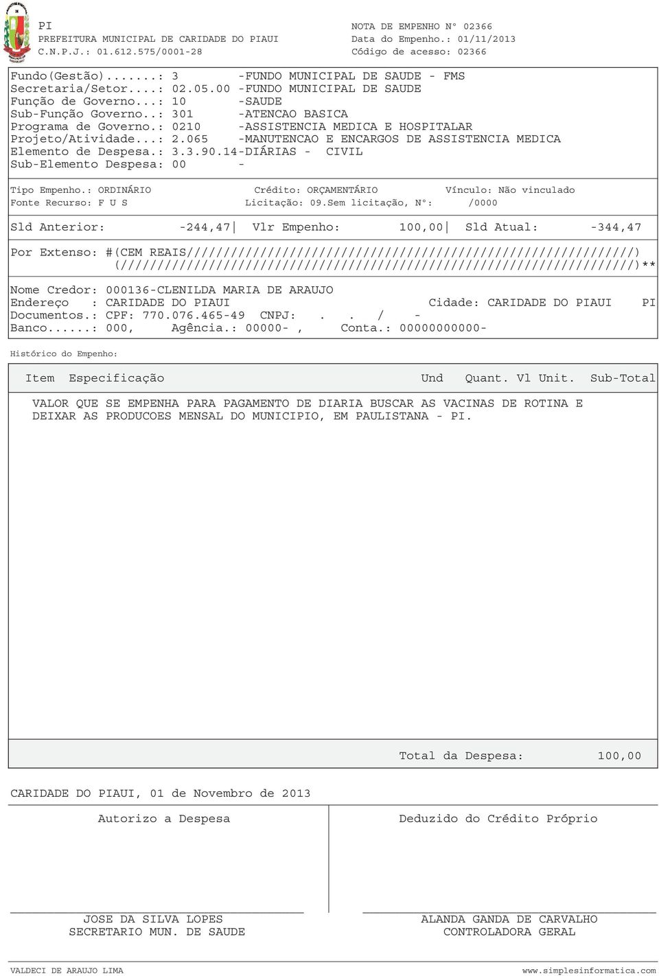 Sem licitação, Nº: /0000 Sld Anterior: -244,47 Vlr Empenho: 100,00 Sld Atual: -344,47 Por Extenso: #(CEM REAIS/////////////////////////////////////////////////////////////) Nome Credor: