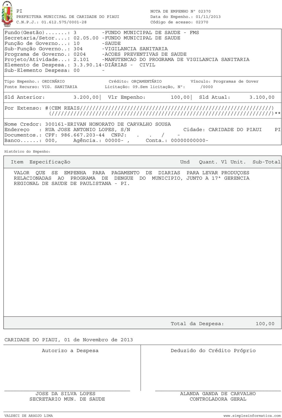 14-DIÁRIAS - CIVIL Fonte Recurso: VIG. SANITARIA Licitação: 09.Sem licitação, Nº: /0000 Sld Anterior: 3.200,00 Vlr Empenho: 100,00 Sld Atual: 3.