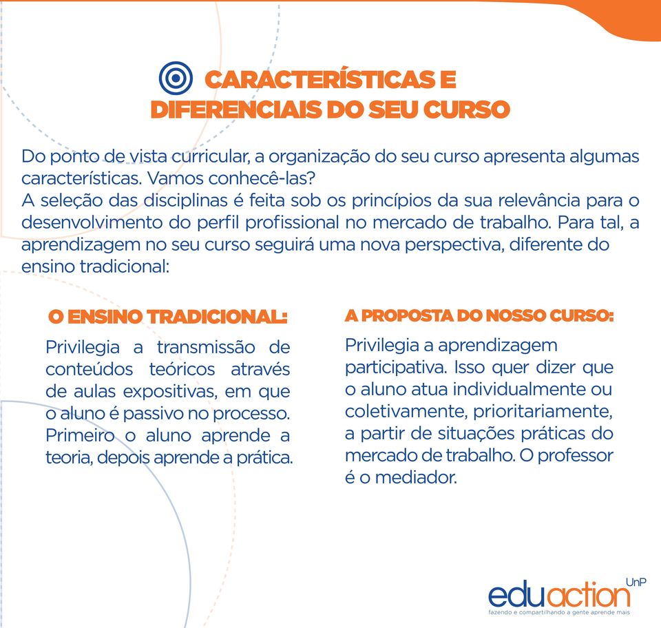 Para tal, a aprendizagem no seu curso seguirá uma nova perspectiva, diferente do ensino tradicional: O ENSINO TRADICIONAL: Privilegia a transmissão de conteúdos teóricos através de aulas expositivas,