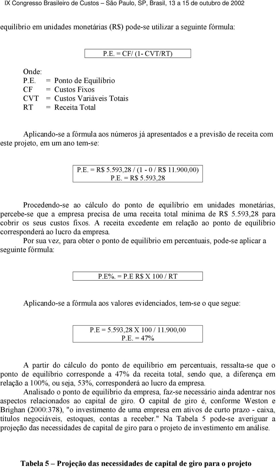 E. = R$ 5.593,28 / (1-0 / R$ 11.900,00) P.E. = R$ 5.593,28 Procedendo-se ao cálculo do ponto de equilíbrio em unidades monetárias, percebe-se que a empresa precisa de uma receita total mínima de R$ 5.