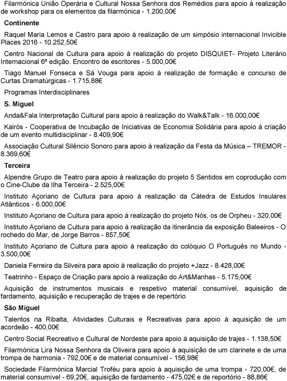 252,50 Centro Nacional de Cultura para apoio à realização do projeto DISQUIET- Projeto Literário Internacional 6º edição. Encontro de escritores - 5.