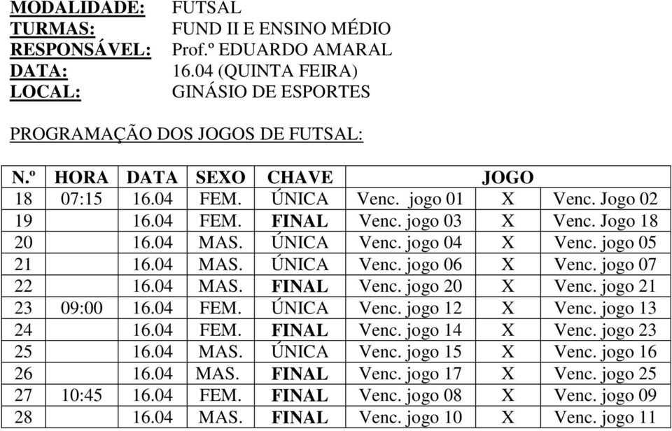 jogo 07 22 16.04 MAS. FINAL Venc. jogo 20 X Venc. jogo 21 23 09:00 16.04 FEM. ÚNICA Venc. jogo 12 X Venc. jogo 13 24 16.04 FEM. FINAL Venc. jogo 14 X Venc. jogo 23 25 16.04 MAS. ÚNICA Venc. jogo 15 X Venc.