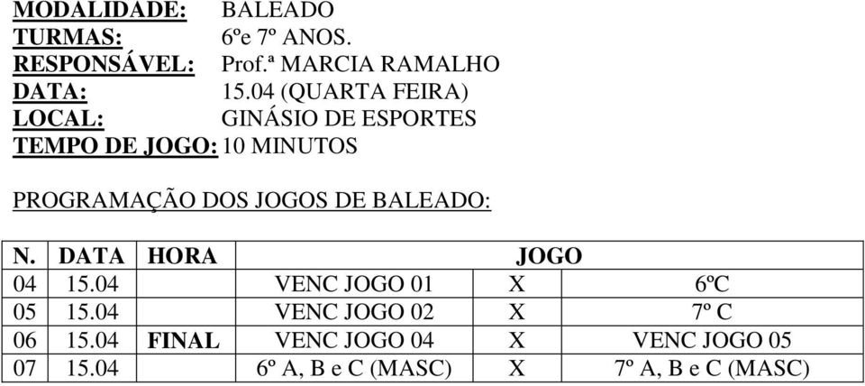 JOGOS DE BALEADO: N. DATA HORA JOGO 04 15.04 VENC JOGO 01 X 6ºC 05 15.