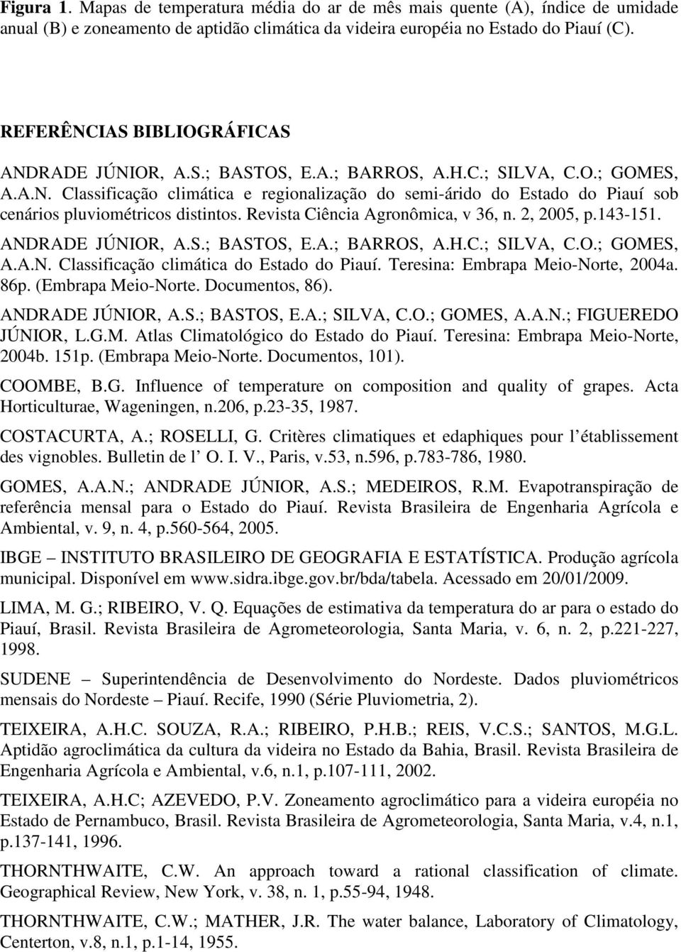 Revista Ciência Agronômica, v 36, n. 2, 2005, p.143-151. ANDRADE JÚNIOR, A.S.; BASTOS, E.A.; BARROS, A.H.C.; SILVA, C.O.; GOMES, A.A.N. Classificação climática do Estado do Piauí.