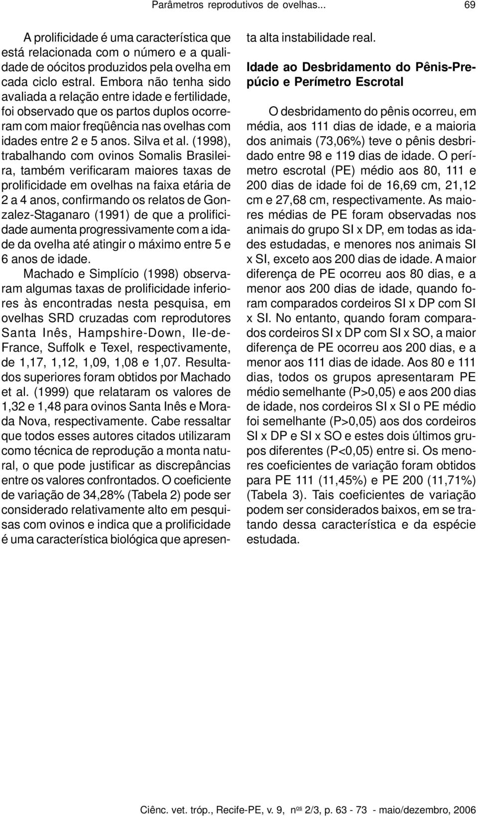 (1998), trabalhando com ovinos Somalis Brasileira, também verificaram maiores taxas de prolificidade em ovelhas na faixa etária de 2 a 4 anos, confirmando os relatos de Gonzalez-Staganaro (1991) de