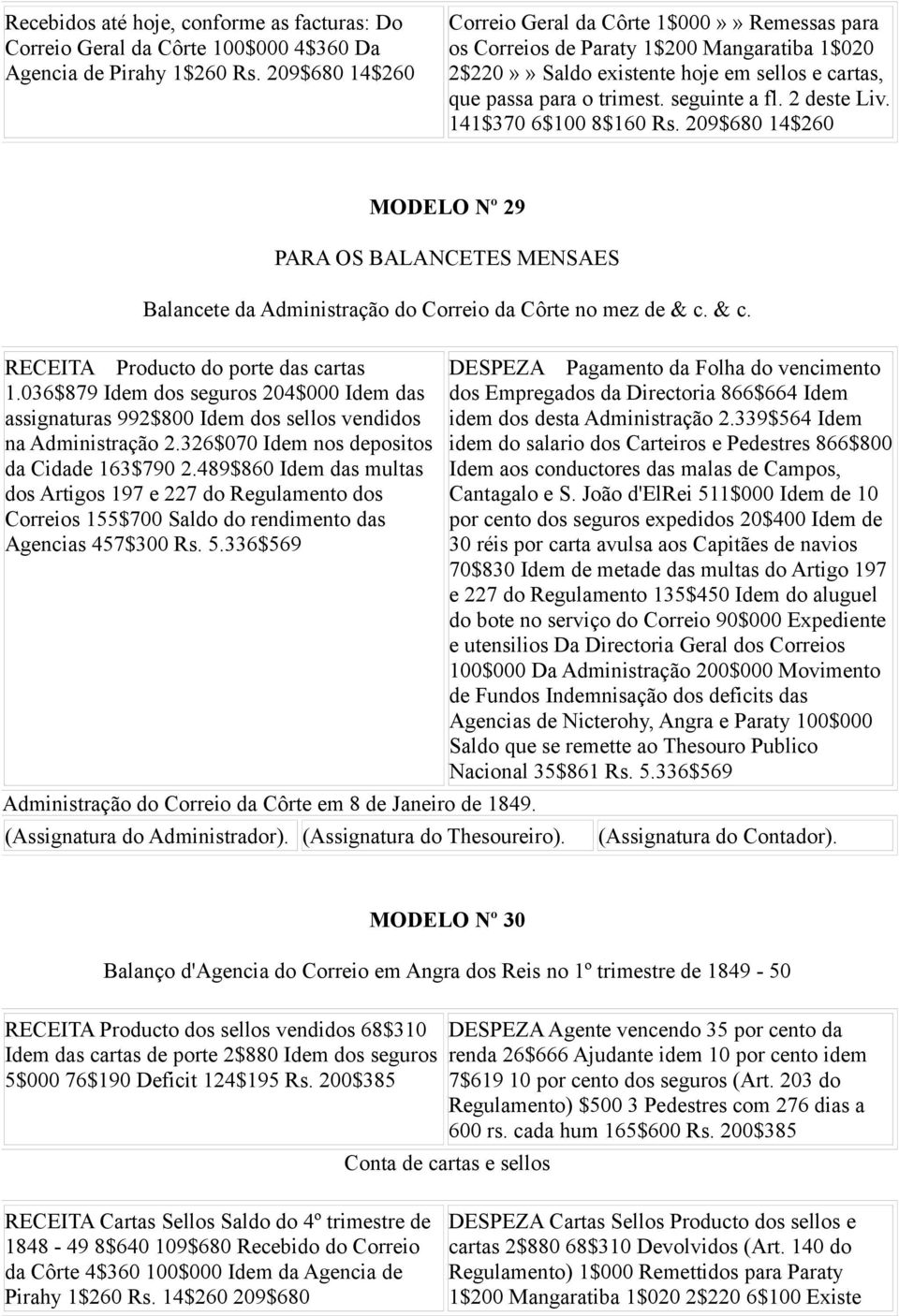 2 deste Liv. 141$370 6$100 8$160 Rs. 209$680 14$260 MODELO Nº 29 PARA OS BALANCETES MENSAES Balancete da Administração do Correio da Côrte no mez de & c. & c. RECEITA Producto do porte das cartas 1.