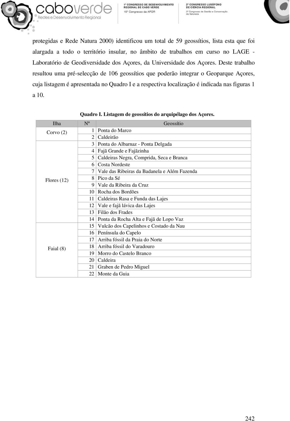 Deste trabalho resultou uma pré-selecção de 106 geossítios que poderão integrar o Geoparque Açores, cuja listagem é apresentada no Quadro I e a respectiva localização é indicada nas figuras 1 a 10.