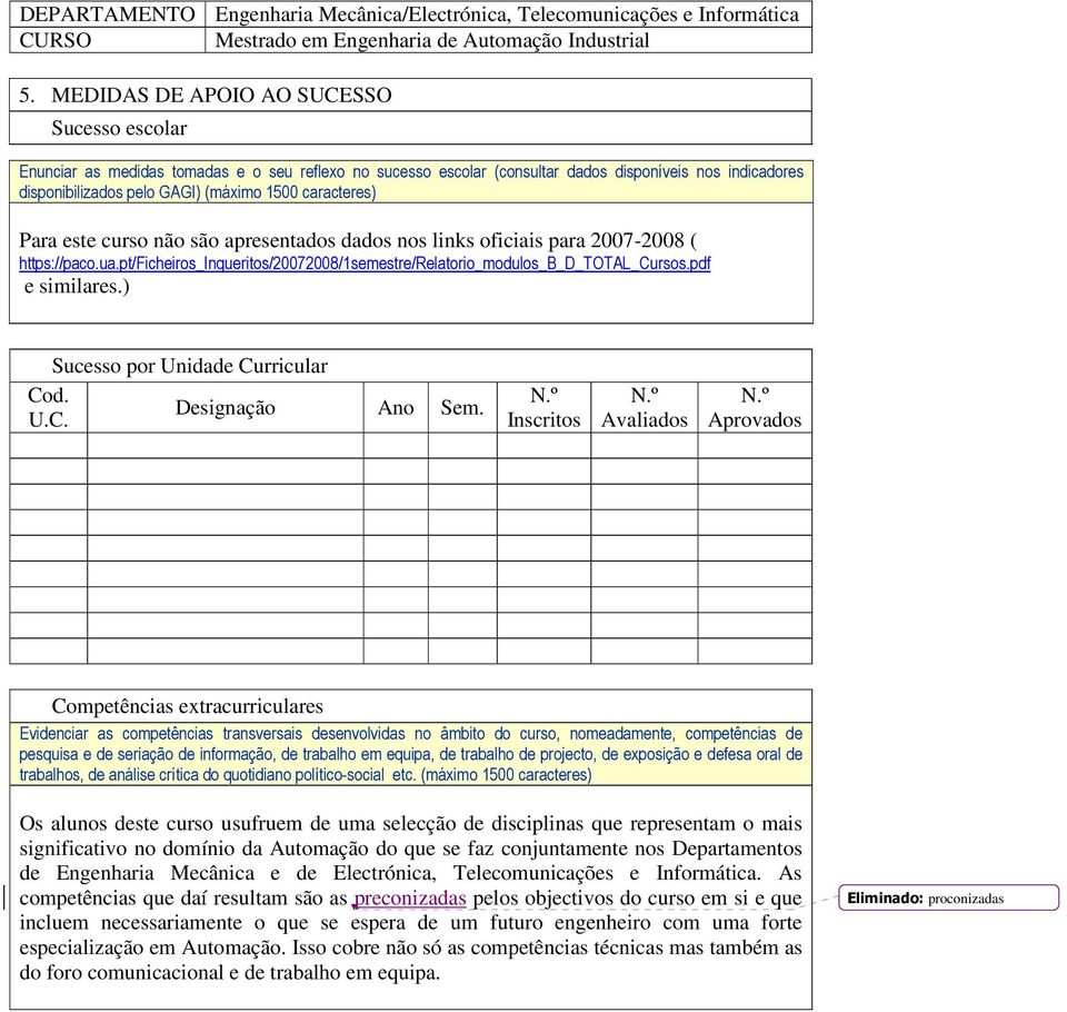 pdf e similares.) Sucesso por Unidade Curricular Cod. Designação Ano Sem. U.C. N.º Inscritos N.º Avaliados N.