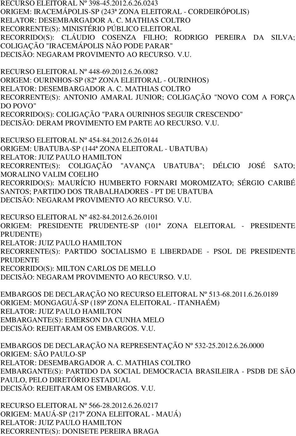 NÃO PODE PARAR" RECURSO ELEITORAL Nº 448-69.2012.6.26.