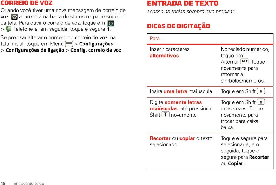 Se precisar alterar o número do correio de voz, na tela inicial, toque em Menu > Configurações > Configurações de ligação > Config. correio de voz. Entrada de texto acesse as teclas sempre que precisar Dicas de digitação Para.