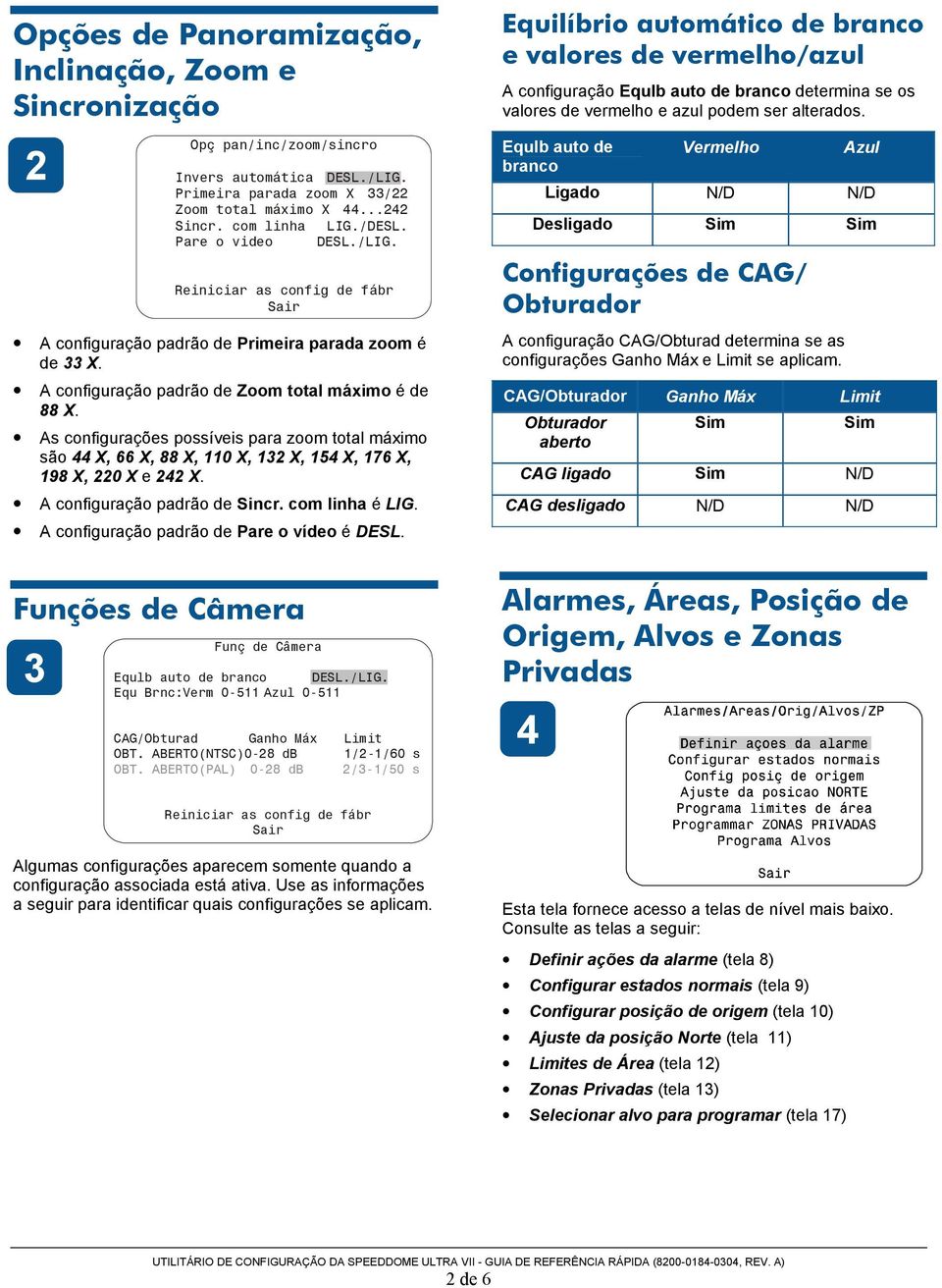 As configurações possíveis para zoom total máximo são 44 X, 66 X, 88 X, 110 X, 132 X, 154 X, 176 X, 198 X, 220 X e 242 X. A configuração padrão de Sincr. com linha é LIG.