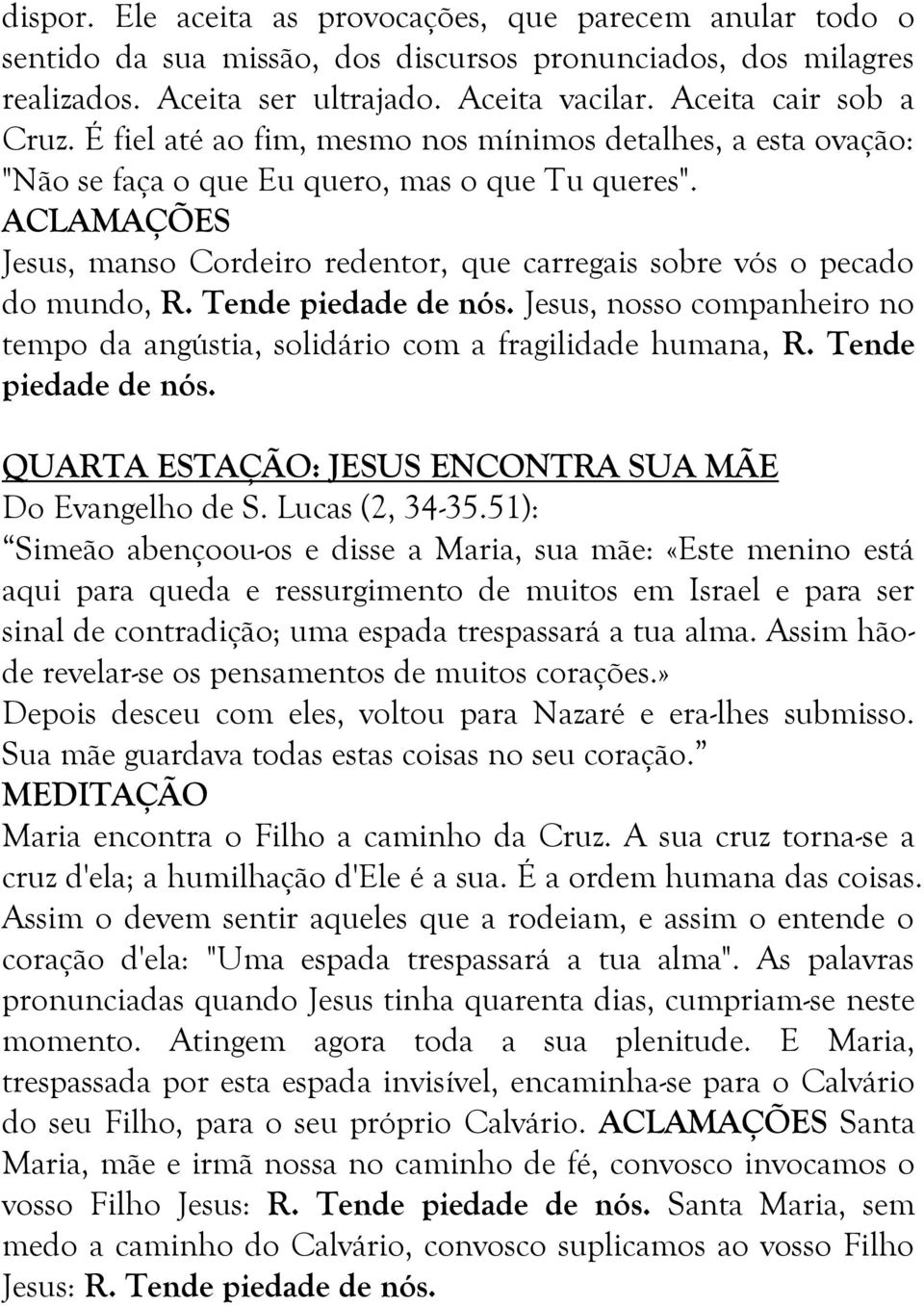 Tende piedade de nós. Jesus, nosso companheiro no tempo da angústia, solidário com a fragilidade humana, R. Tende piedade de nós. QUARTA ESTAÇÃO: JESUS ENCONTRA SUA MÃE Do Evangelho de S.