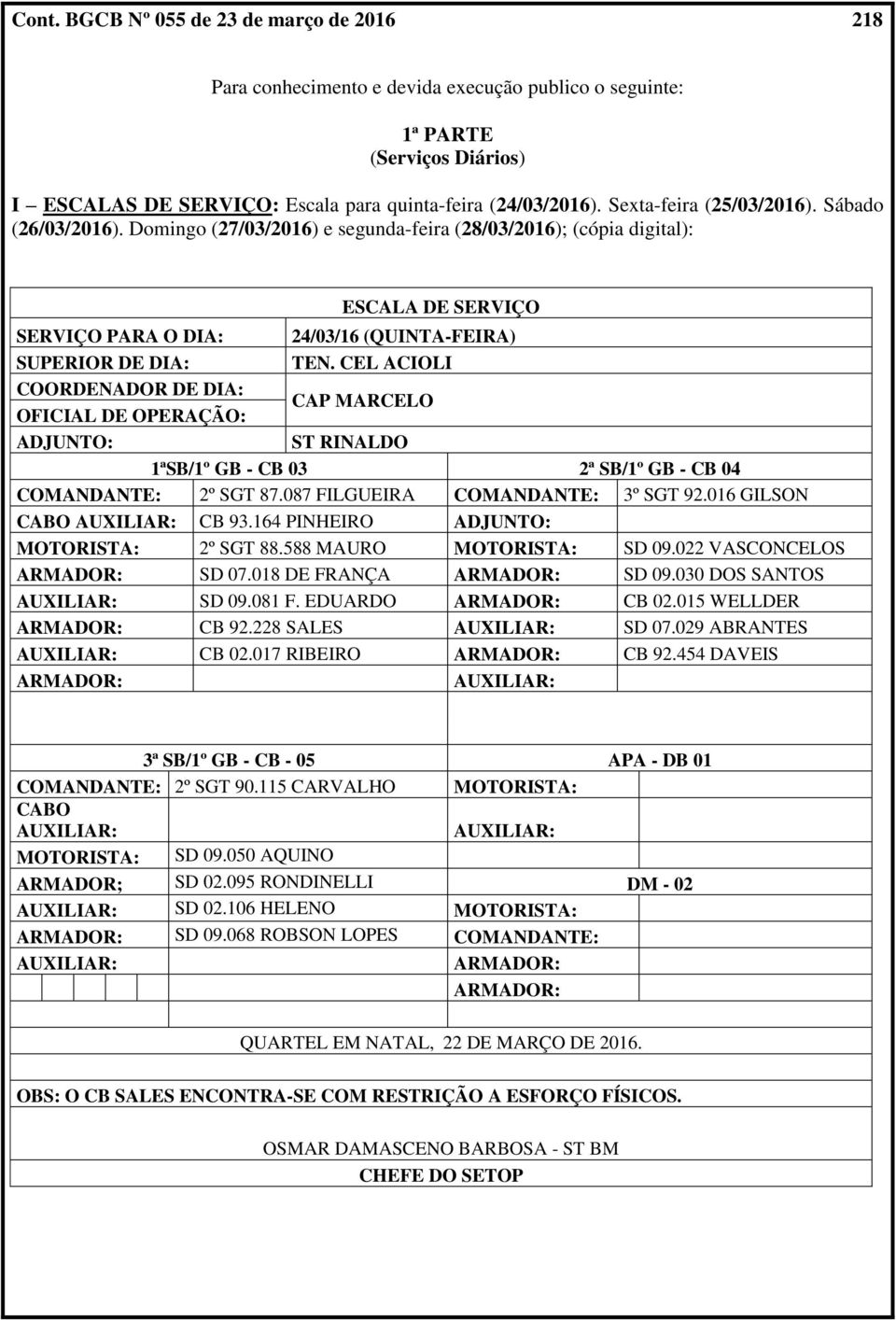 Domingo (27/03/2016) e segunda-feira (28/03/2016); (cópia digital): SERVIÇO PARA O DIA: SUPERIOR DE DIA: COORDENADOR DE DIA: ESCALA DE SERVIÇO 24/03/16 (QUINTA-FEIRA) TEN.