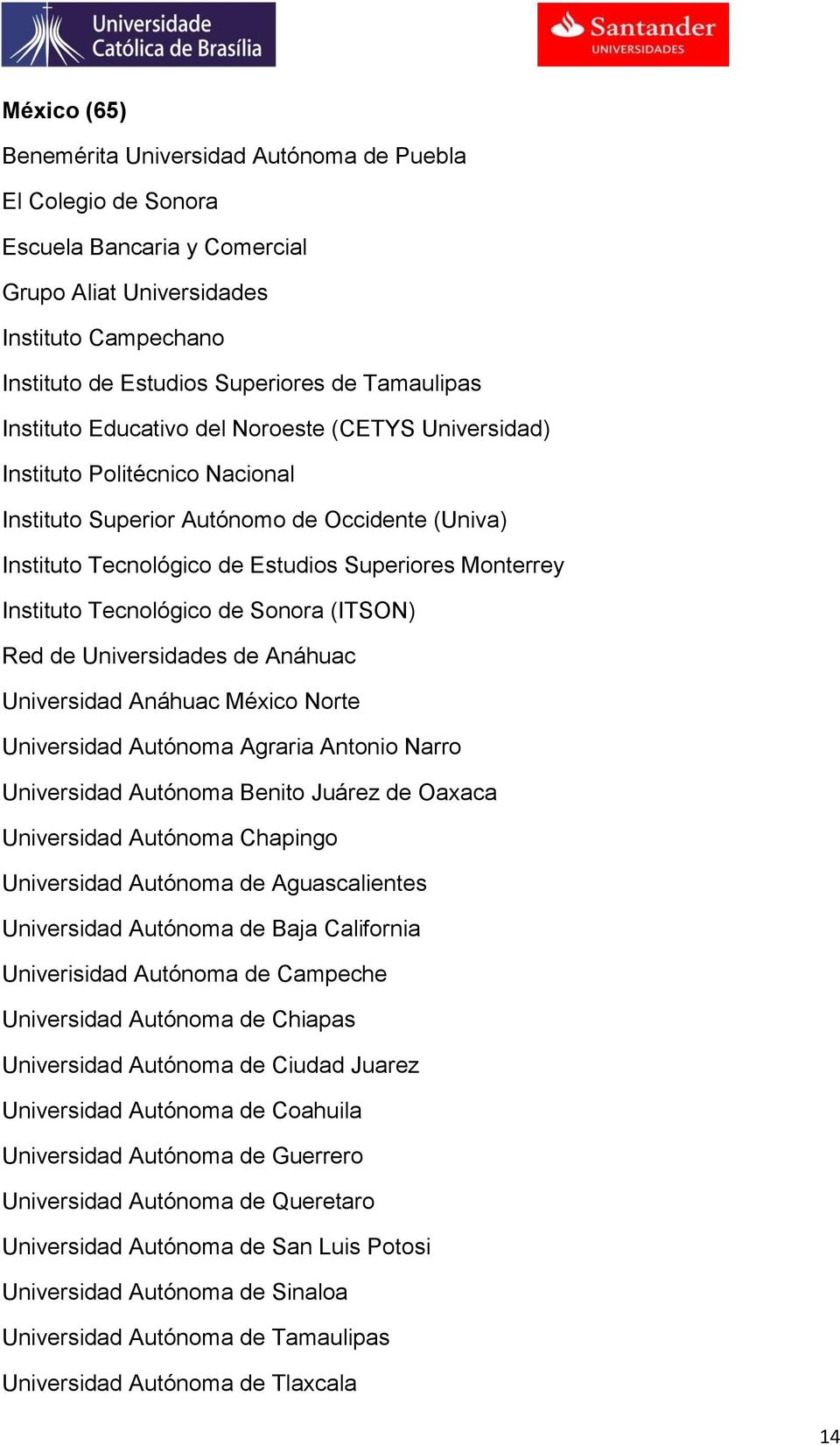 Tecnológico de Sonora (ITSON) Red de Universidades de Anáhuac Universidad Anáhuac México Norte Universidad Autónoma Agraria Antonio Narro Universidad Autónoma Benito Juárez de Oaxaca Universidad