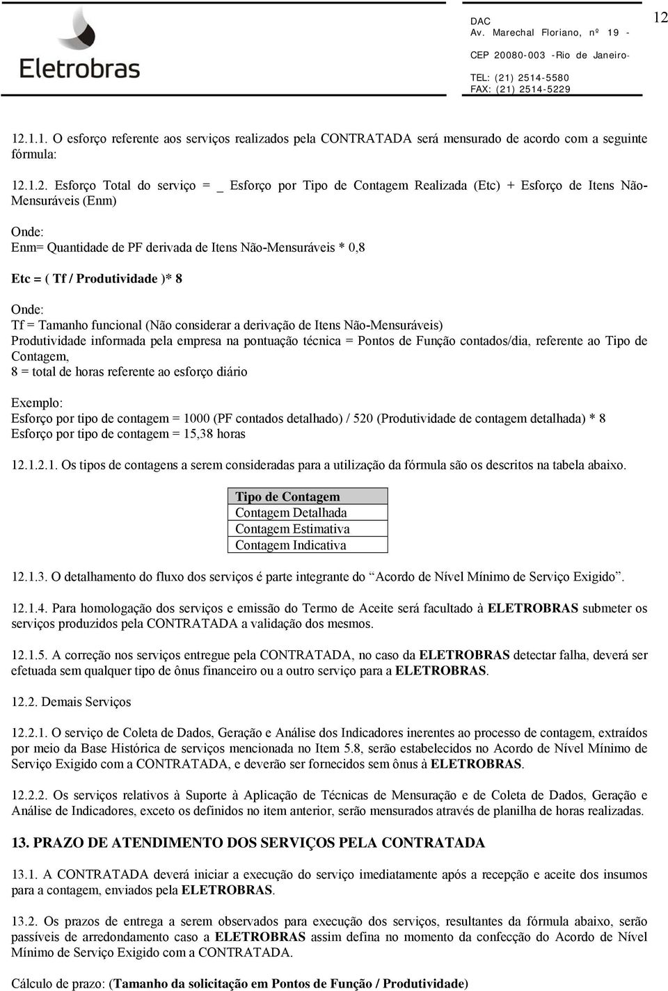 derivação de Itens Não-Mensuráveis) Produtividade informada pela empresa na pontuação técnica = Pontos de Função contados/dia, referente ao Tipo de Contagem, 8 = total de horas referente ao esforço