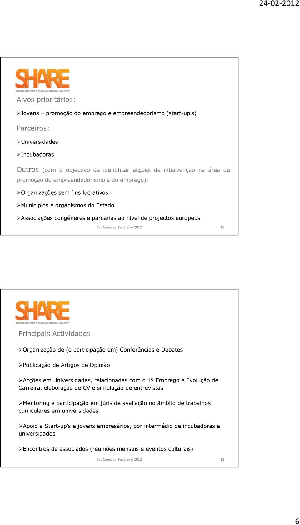 Principais Actividades Organização de (e participação em) Conferências e Debates Publicação de Artigos de Opinião Acções em Universidades, relacionadas com o 1º Emprego e Evolução de Carreira,