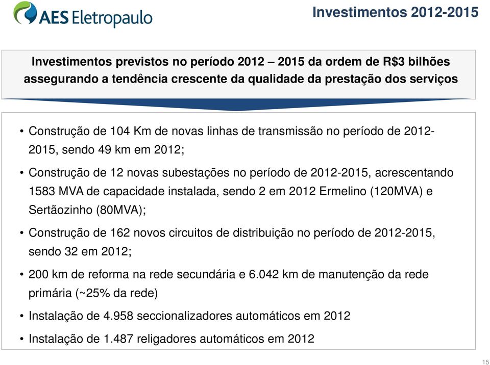 instalada, sendo 2 em 2012 Ermelino (120MVA) e Sertãozinho (80MVA); Construção de 162 novos circuitos de distribuição no período de 2012-2015, sendo 32 em 2012; 200 km de reforma na