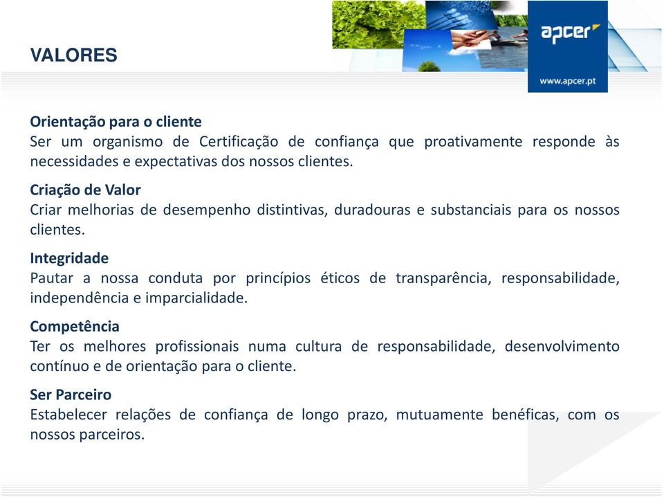 Integridade Pautar a nossa conduta por princípios éticos de transparência, responsabilidade, independência e imparcialidade.