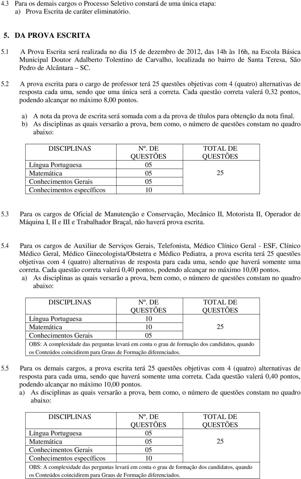 SC. 5.2 A prova escrita para o cargo de professor terá 25 questões objetivas com 4 (quatro) alternativas de resposta cada uma, sendo que uma única será a correta.