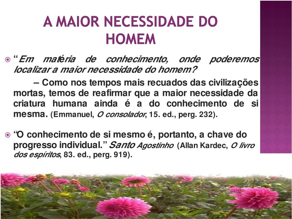 criatura humana ainda é a do conhecimento de si mesma. (Emmanuel, O consolador, 15. ed., perg. 232).