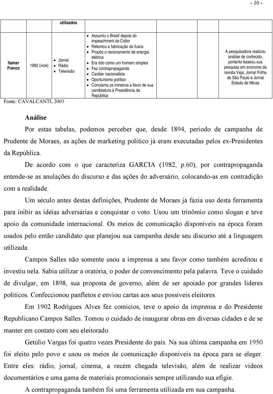 conteúdo, portanto baseou sua pesquisa em anúncios revista Veja, Jornal Folha de São Paulo e Jornal Estado de Minas Análise Por estas tabelas, podemos perceber que, desde 1894, período de campanha de