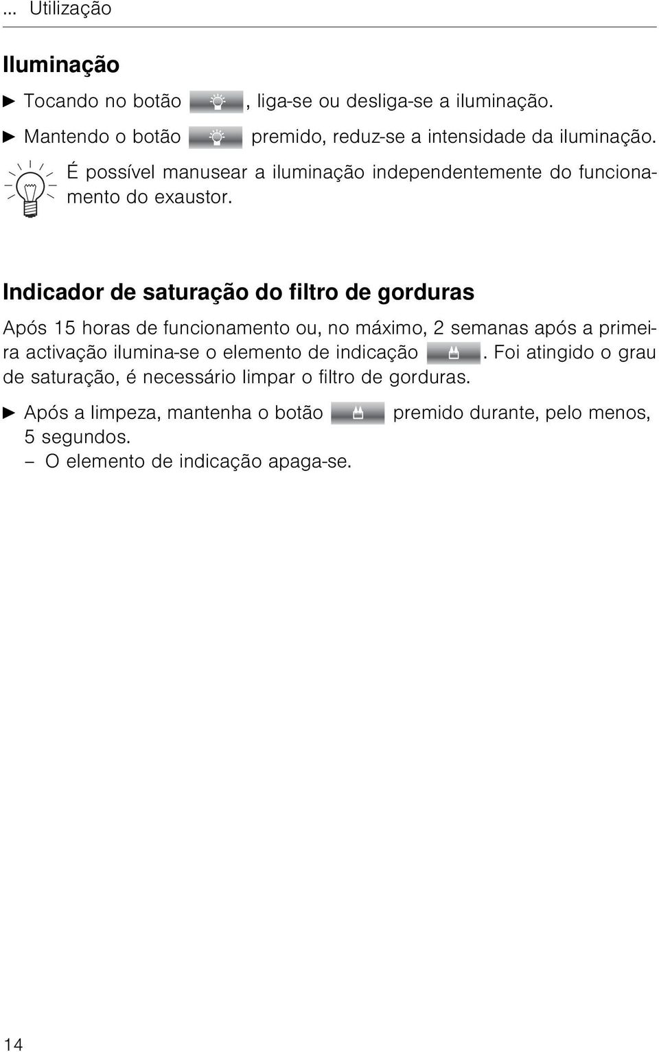 Indicador de saturação do filtro de gorduras Após 15 horas de funcionamento ou, no máximo, 2 semanas após a primeira activação ilumina-se o