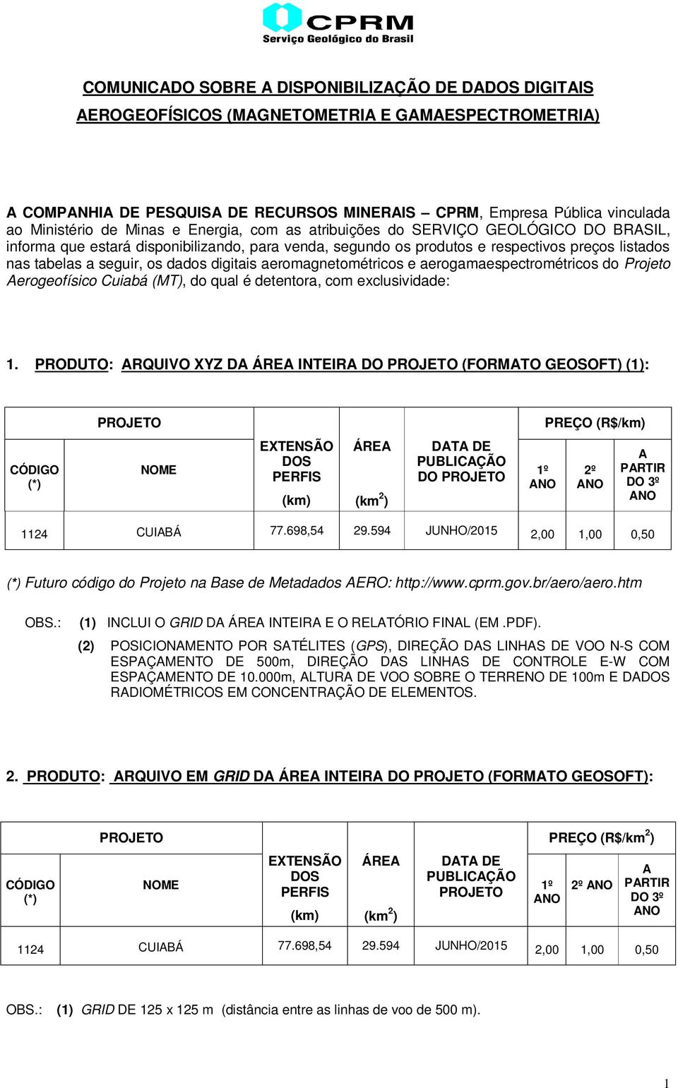 digitais aeromagnetométricos e aerogamaespectrométricos do Projeto Aerogeofísico Cuiabá (MT), do qual é detentora, com exclusividade: 1.