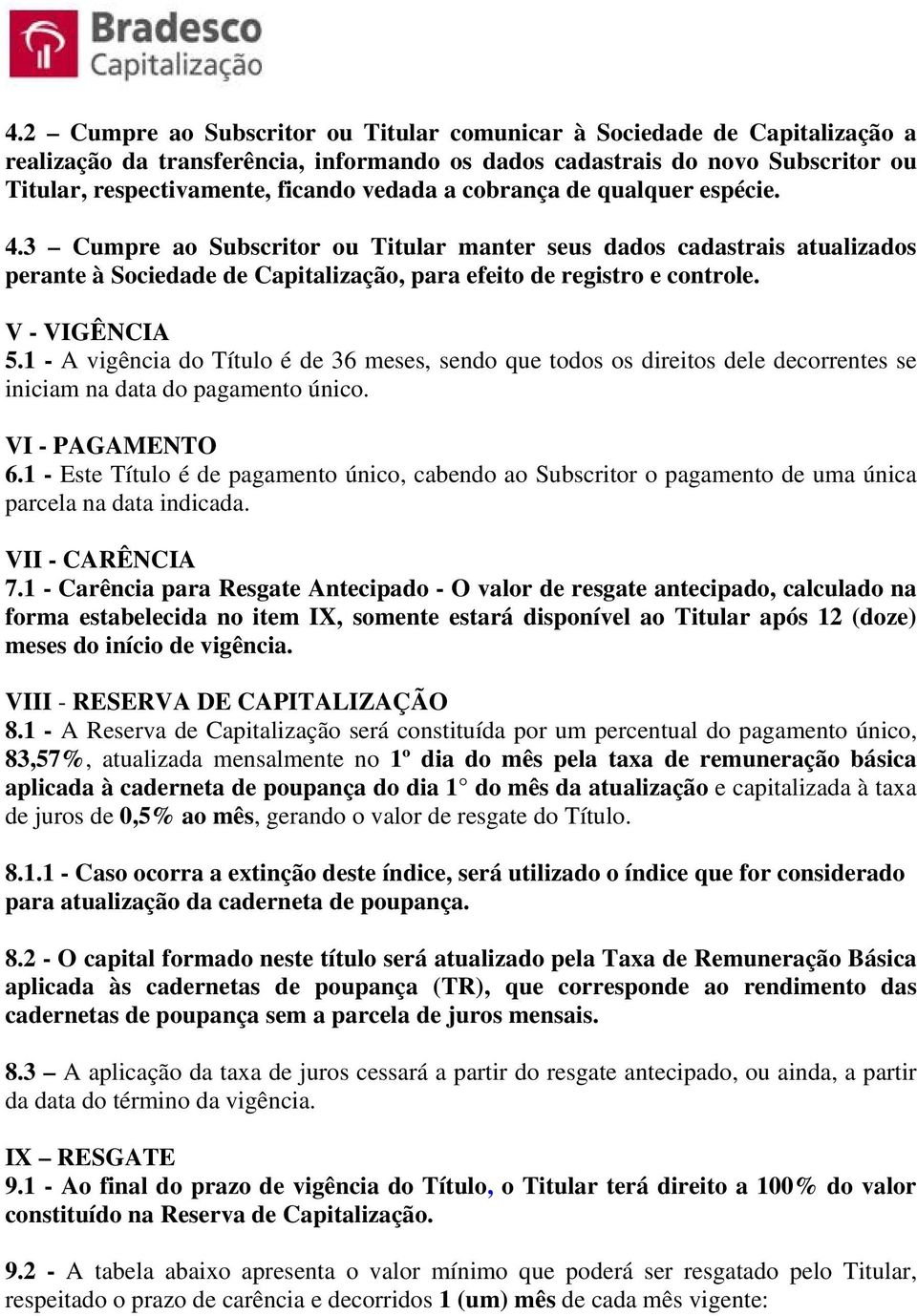 1 - A vigência do Título é de 36 meses, sendo que todos os direitos dele decorrentes se iniciam na data do pagamento único. VI - PAGAMENTO 6.